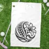Poly linen sublimation golf towel with Saskatchewan Prairie Lily design and waffle weave texture displayed on grass with golf equipment