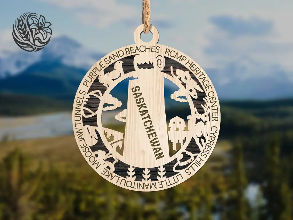 Saskatchewan wooden ornament with laser-cut prairie landmarks hanging against blue sky