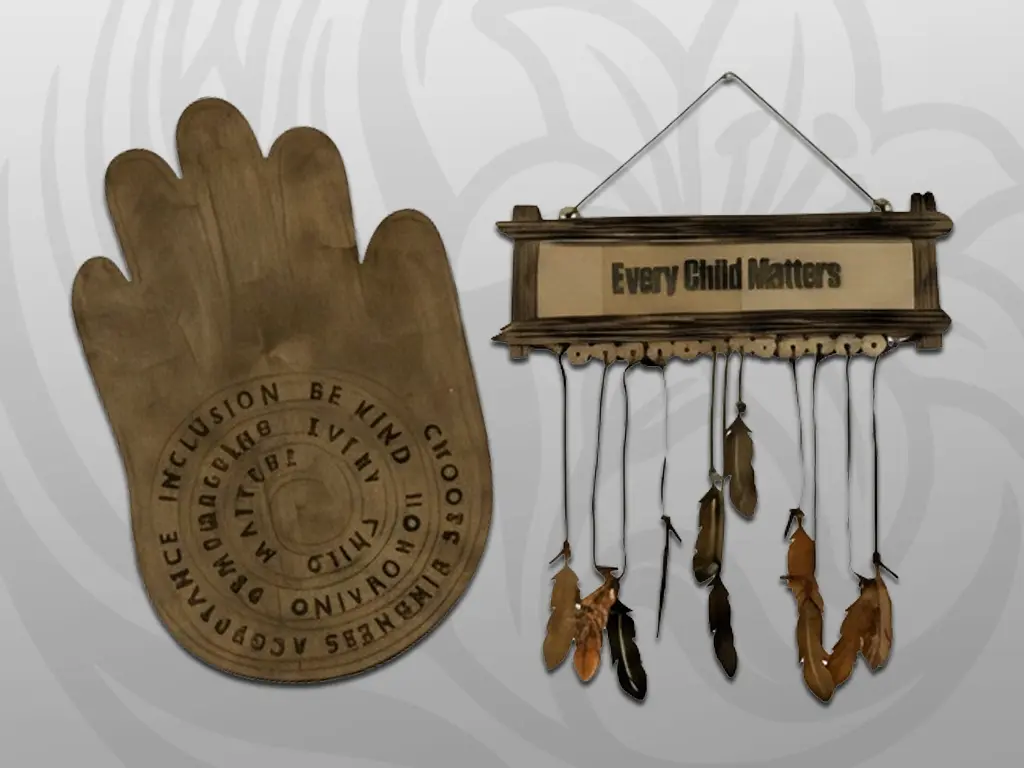 ooden mitten-shaped wall hanging displaying 'Every Child Matters' with thermometer design and feather decorations