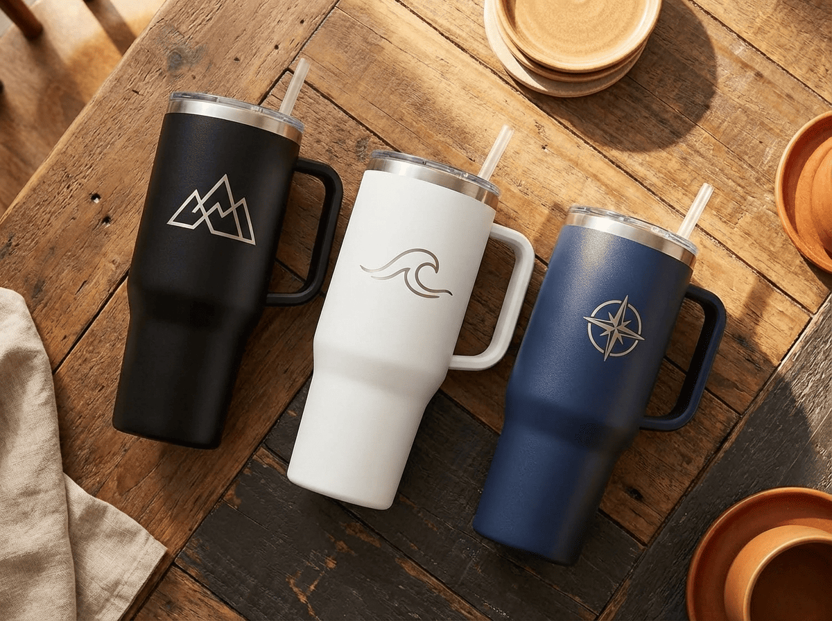 Three custom 40 oz tumblers showing vinyl, laser-engraved, and full-wrap print finishes at Grey Barn Handwerk