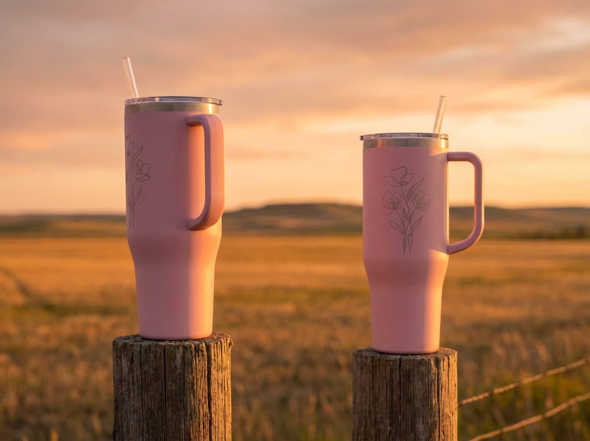 A Grey Barn 40oz tumbler on the tailgate at golden hour, built for Saskatchewan work days.