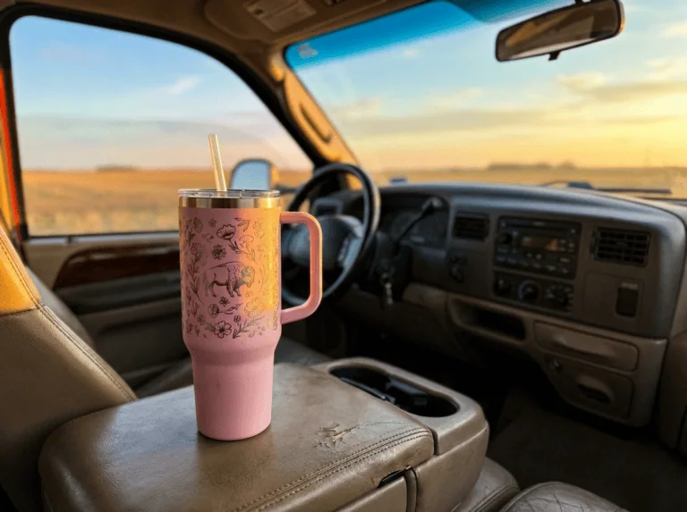 Custom 40oz tumbler Saskatchewan — Maars Charger in a truck on a prairie morning