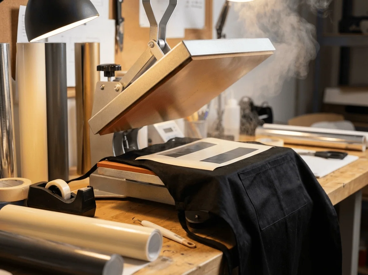 Heat-pressing a custom design onto an apron at Grey Barn Handwerk workshop in Saskatchewan
