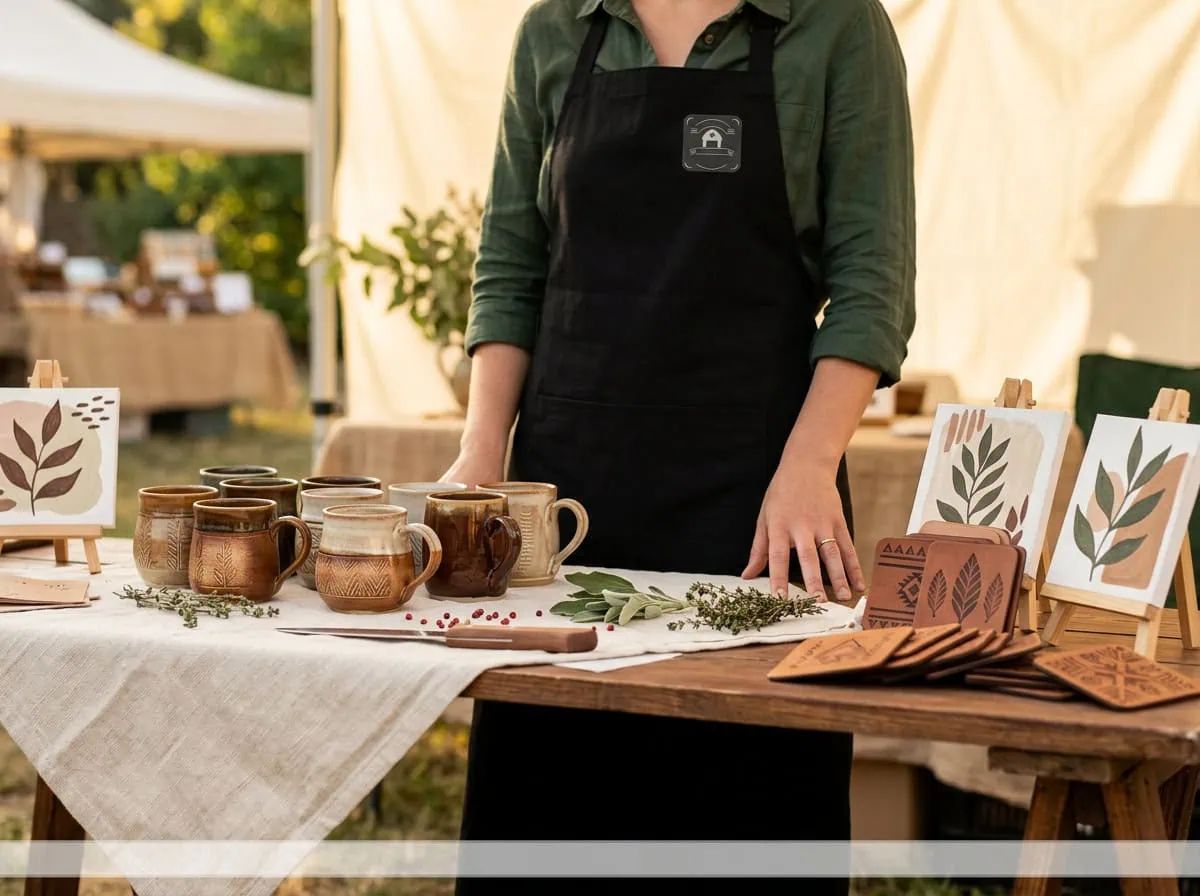 Custom aprons Saskatchewan — branded apron worn at a farmers' market booth