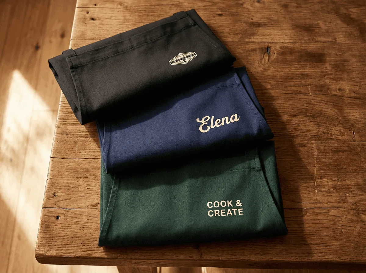 Three custom aprons Saskatchewan — personalised with logo, name, and quote options