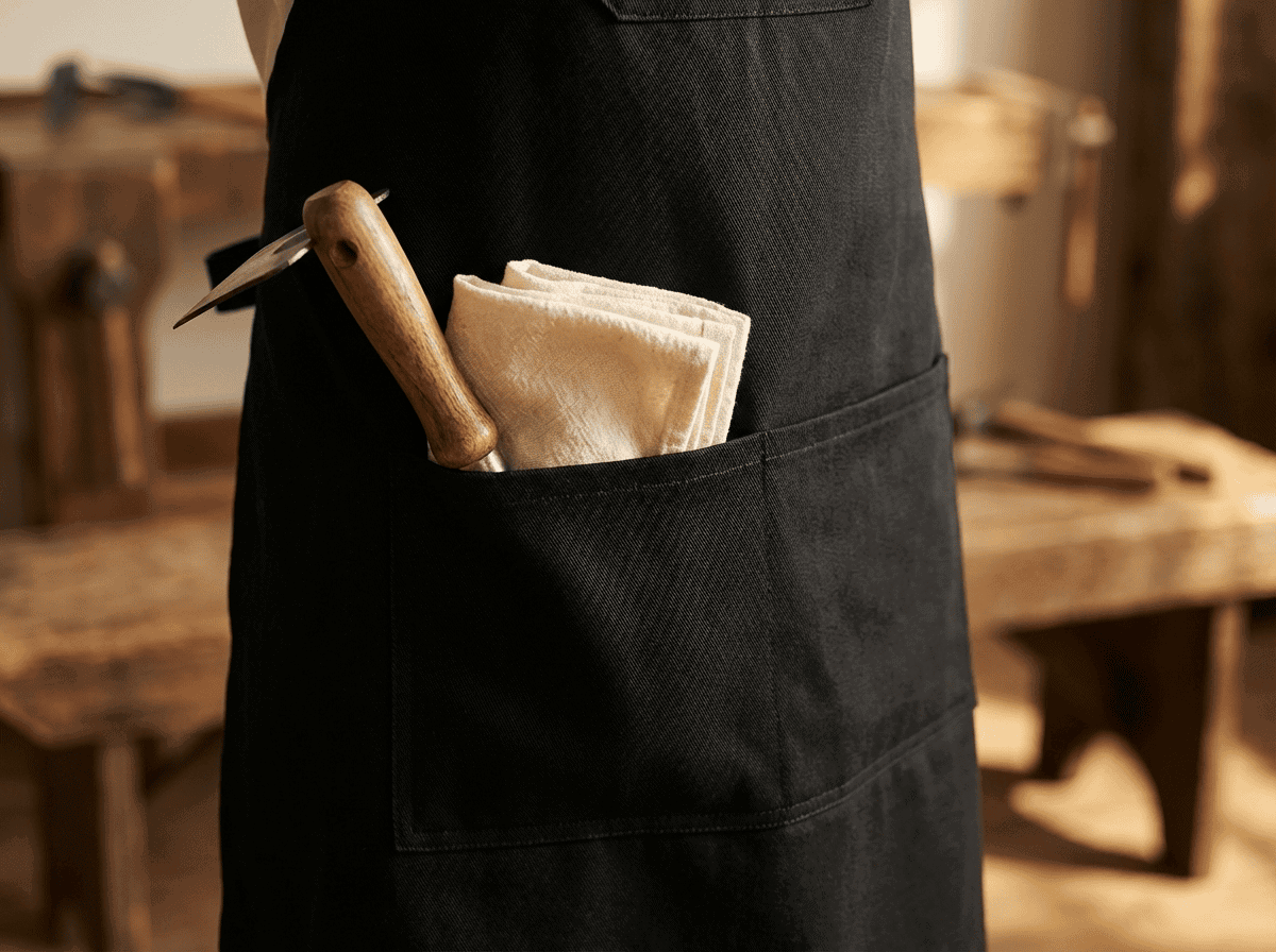 Custom aprons Saskatchewan — deep oversized pockets on full-length soil-release apron