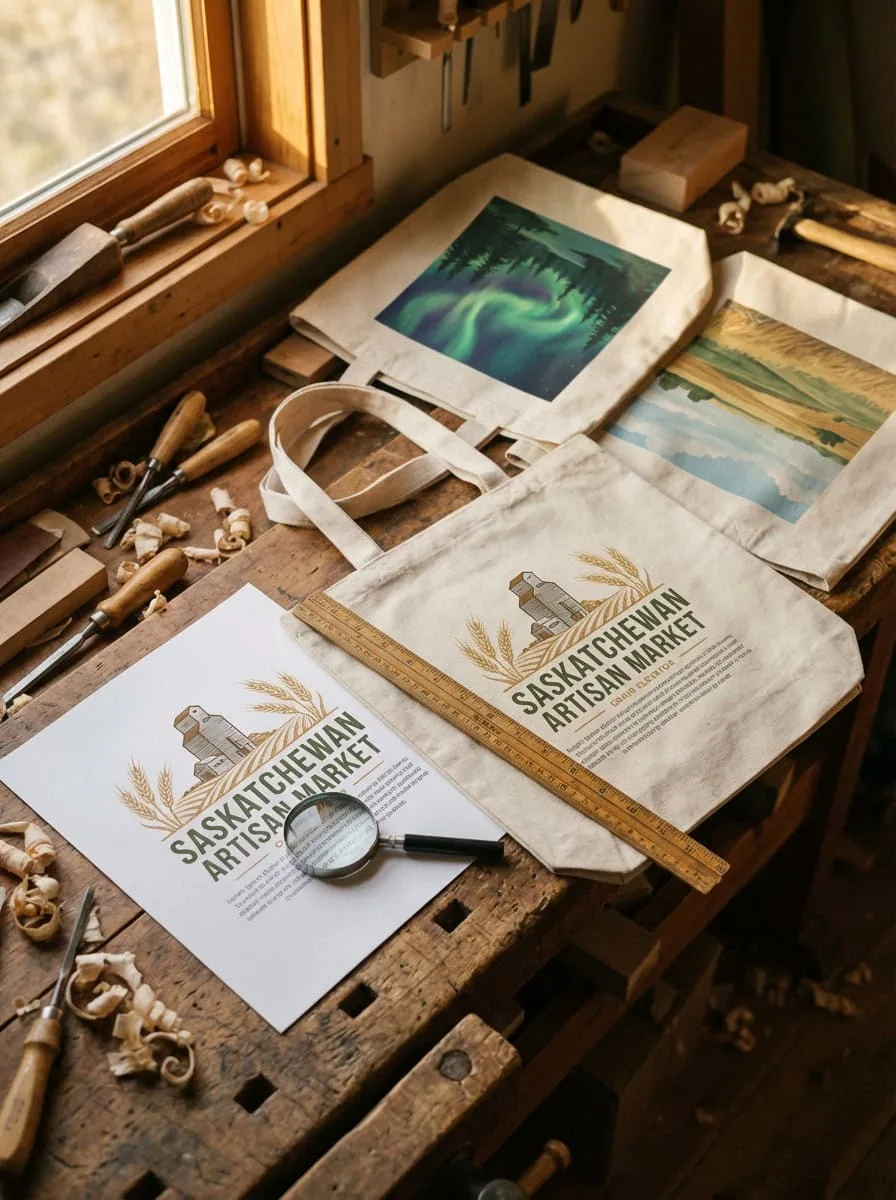 Three custom sublimation-printed tote bags on a workshop workbench — designs include northern lights, Saskatchewan prairie landscape, and Saskatchewan Artisan Market branding — with a design proof, ruler, and magnifying glass for placement checking