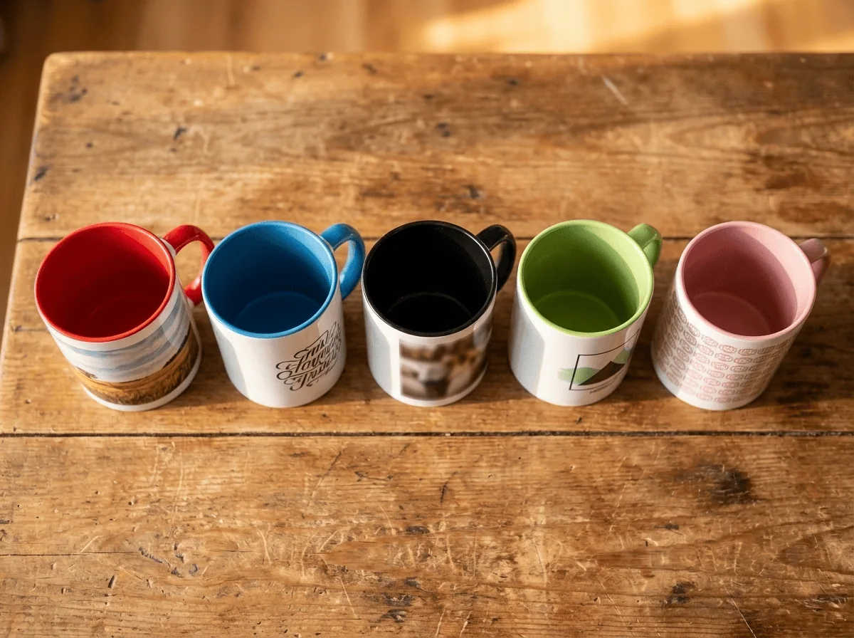 Five custom mugs Saskatchewan — different colours and design styles from Grey Barn Handwerk