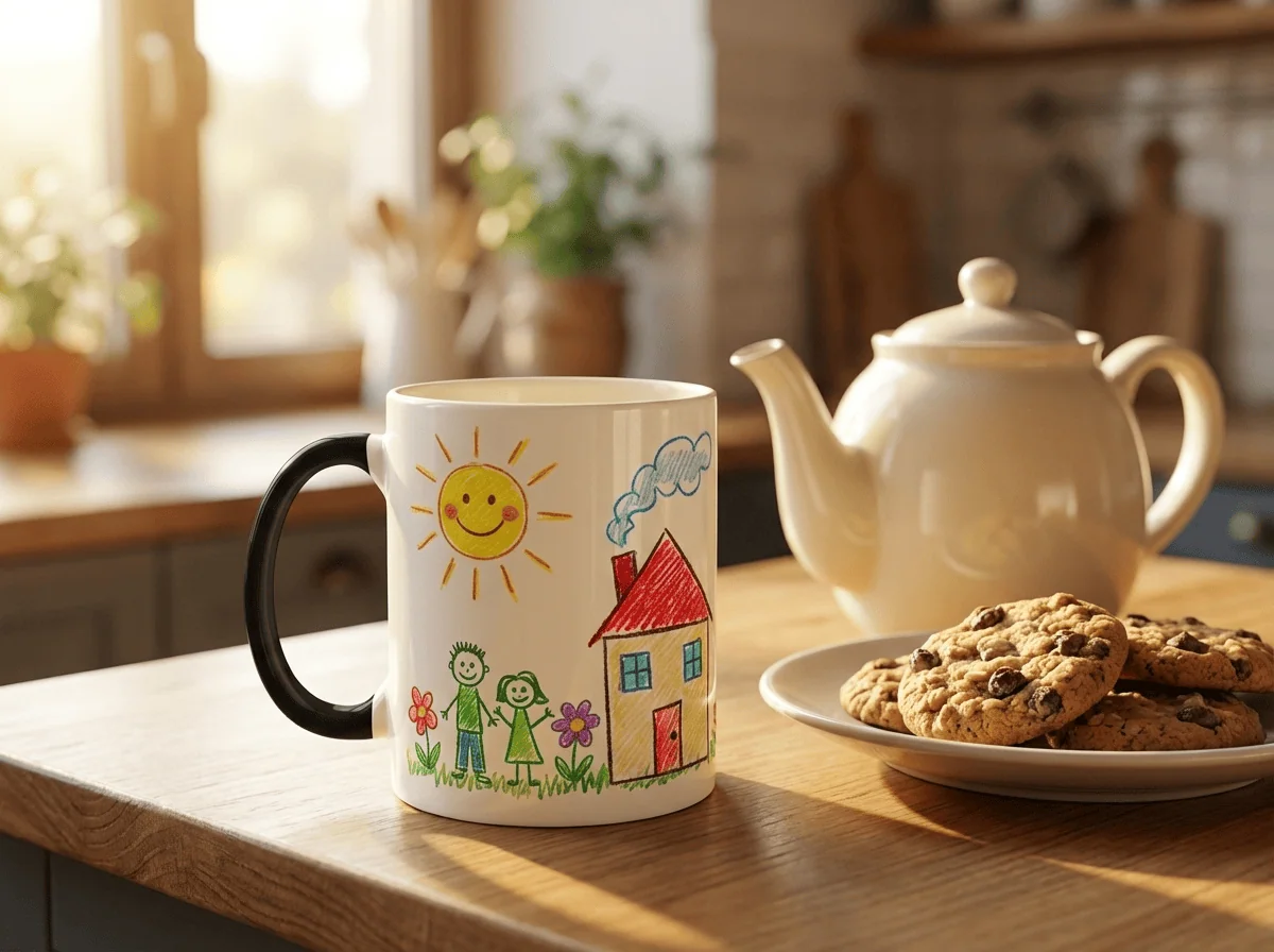Custom mugs Saskatchewan — child's artwork sublimation-printed on ceramic mug from Grey Barn