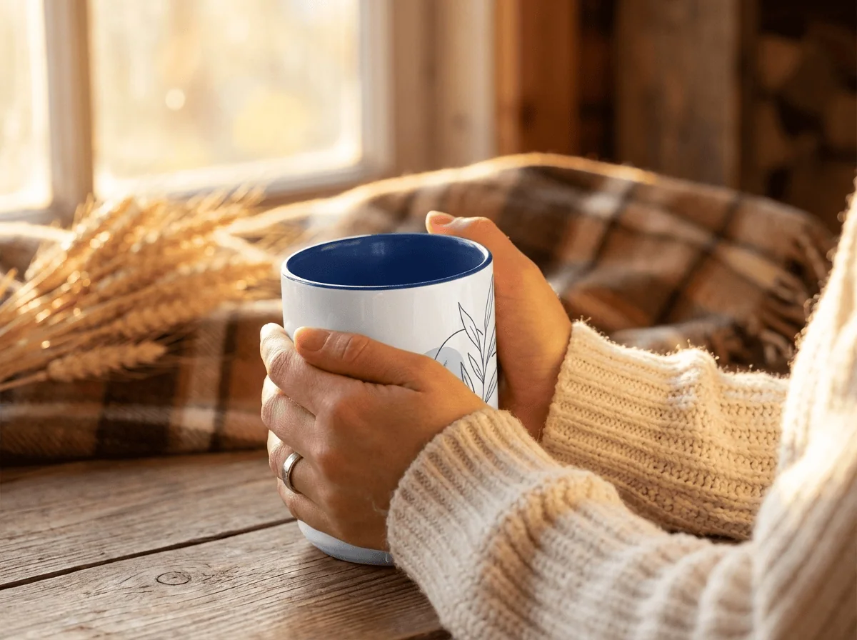 Custom mugs Saskatchewan — personalised ceramic mug held in hands at morning table