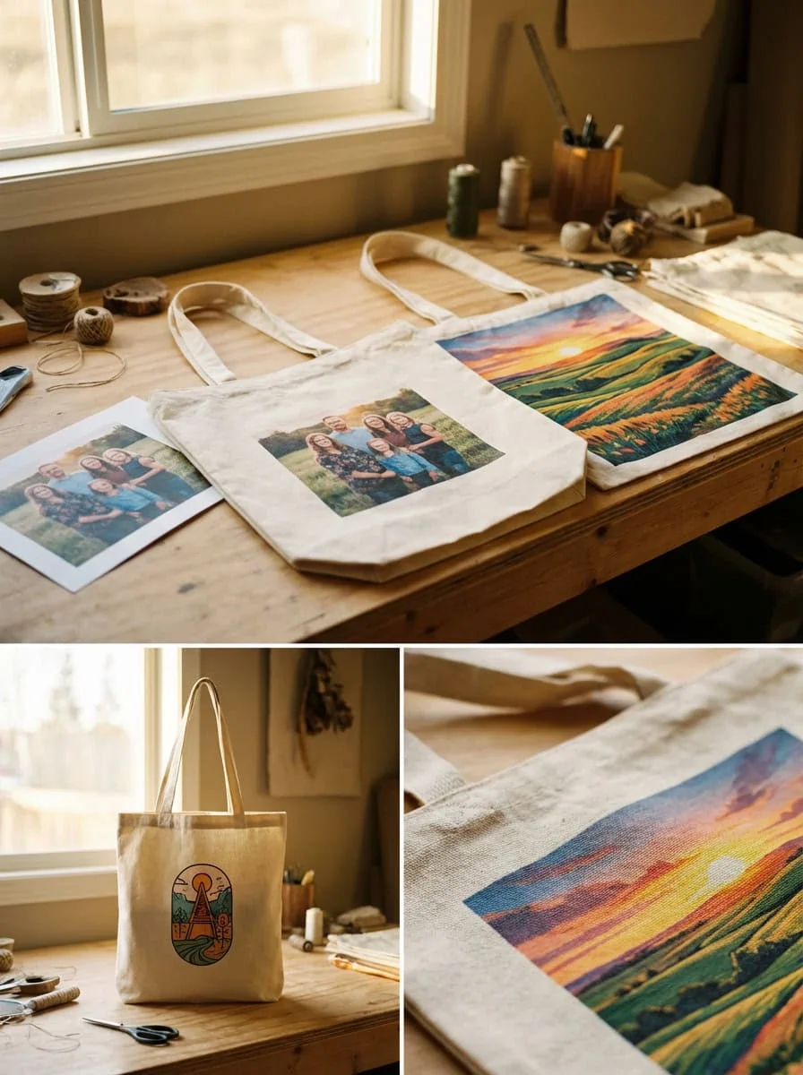 Custom canvas tote bags featuring personalized photo prints and colorful landscape artwork displayed on a wooden craft table in a sunlit workspace.