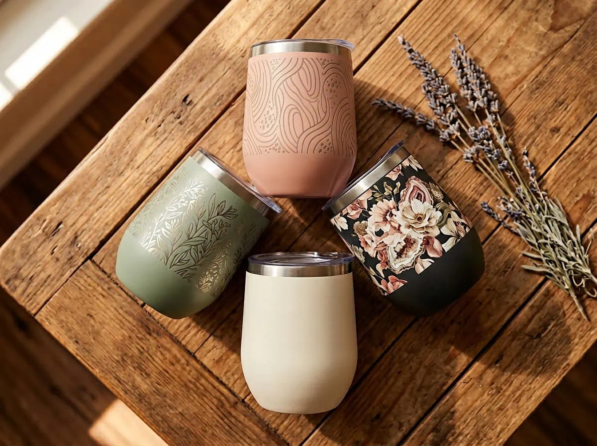 Four custom wine tumblers Saskatchewan — different colours and personalisation styles from Grey Barn