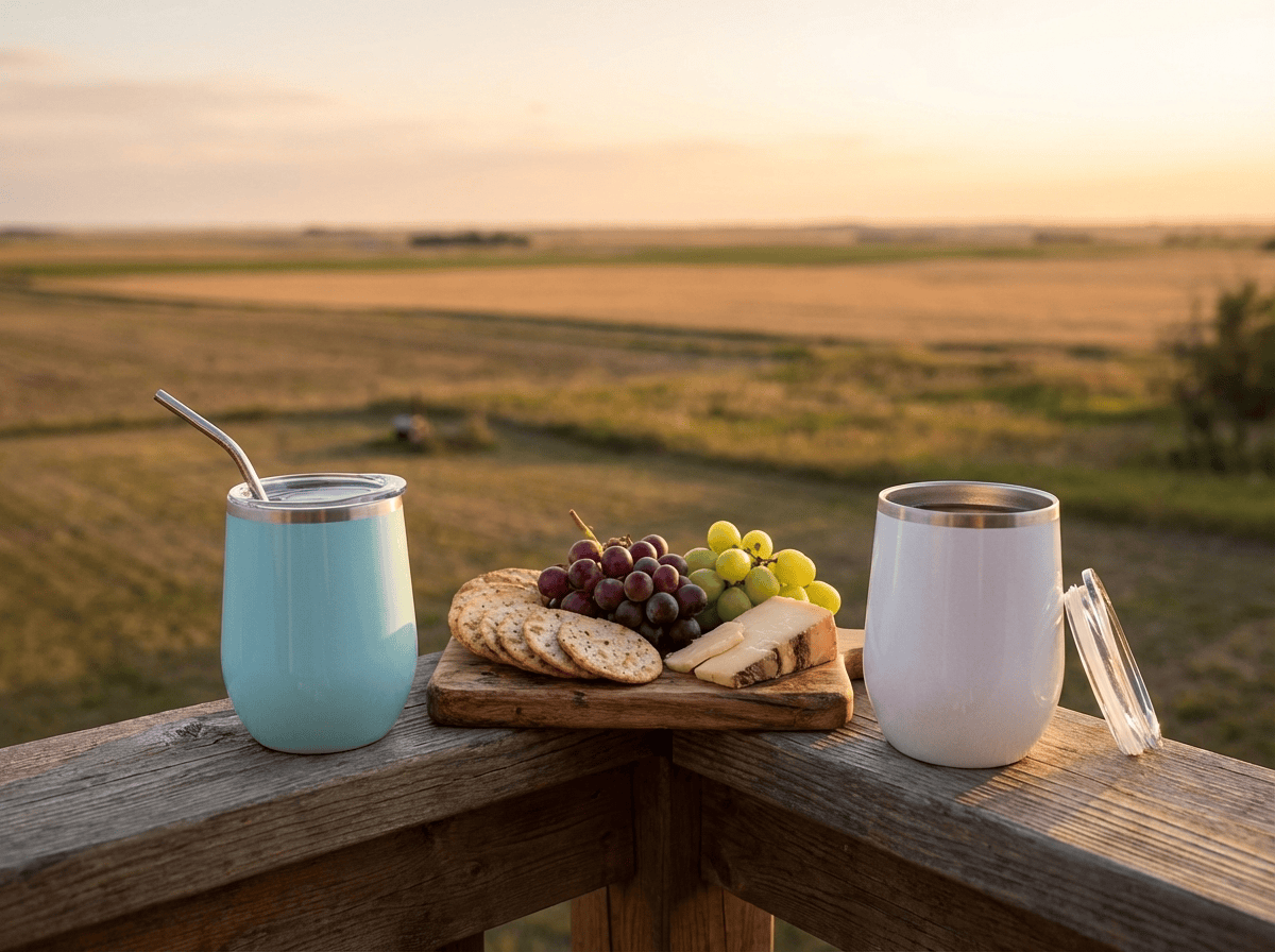 Custom wine tumblers Saskatchewan — two Maars Bev tumblers on a deck at prairie golden hour