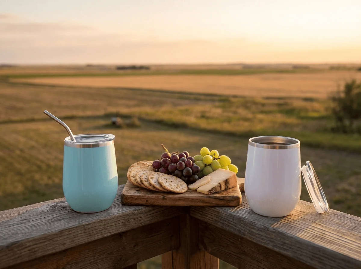 Custom wine tumblers Saskatchewan — two Maars Bev tumblers on a deck at prairie golden hour