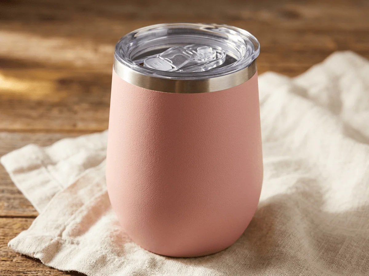 Custom wine tumbler Saskatchewan — powder-coated finish and clear lid on Maars Bev 12oz