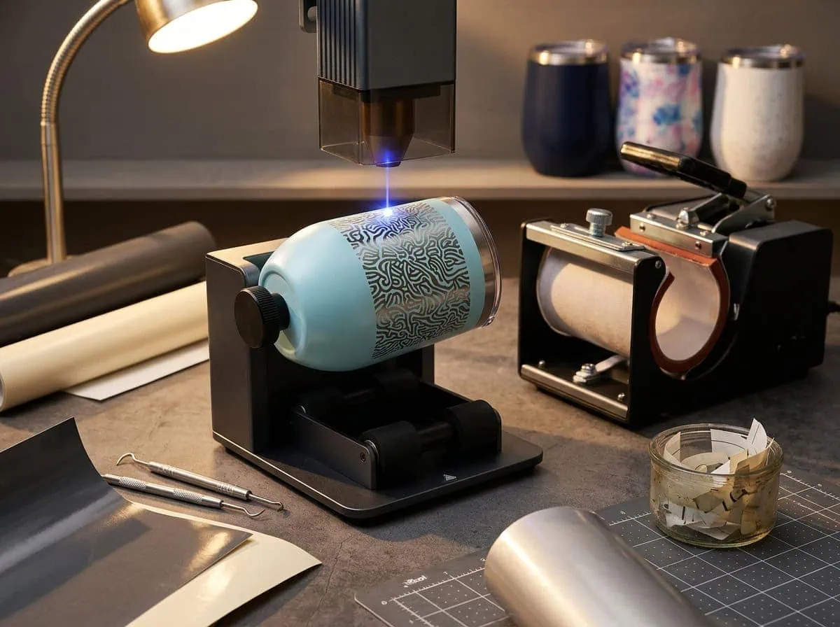 Personalising a custom wine tumbler Saskatchewan — vinyl heat press at Grey Barn Handwerk