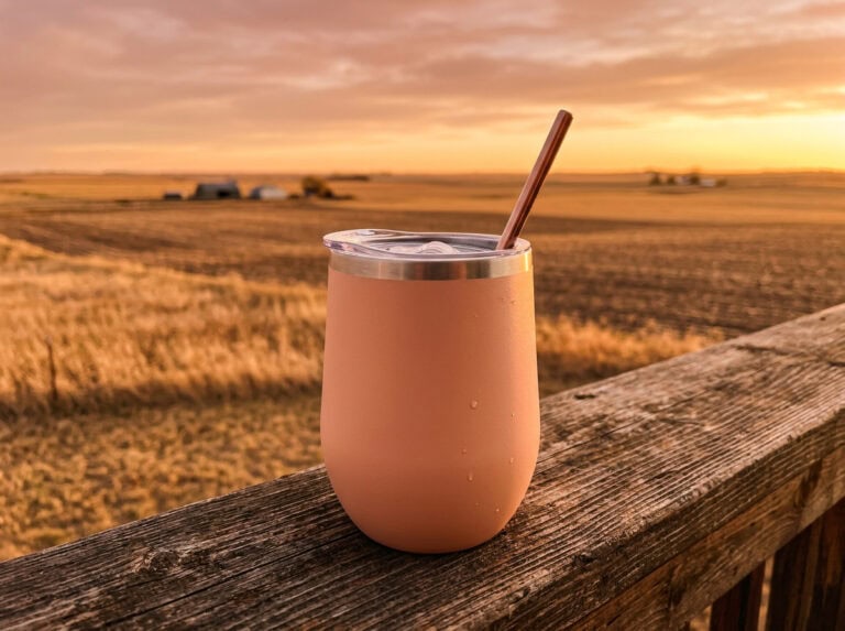 Custom wine tumbler Saskatchewan — Maars Bev 12oz on a deck with prairie sunset