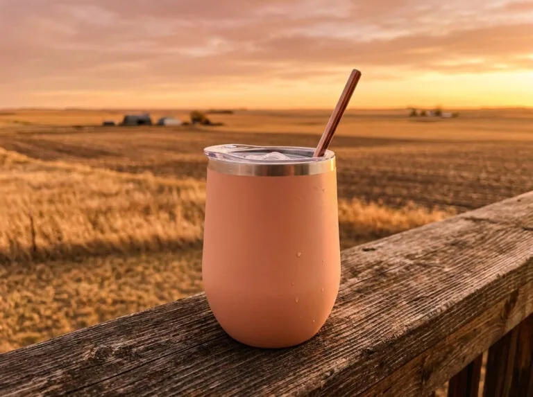 Custom wine tumbler Saskatchewan — Maars Bev 12oz on a deck with prairie sunset