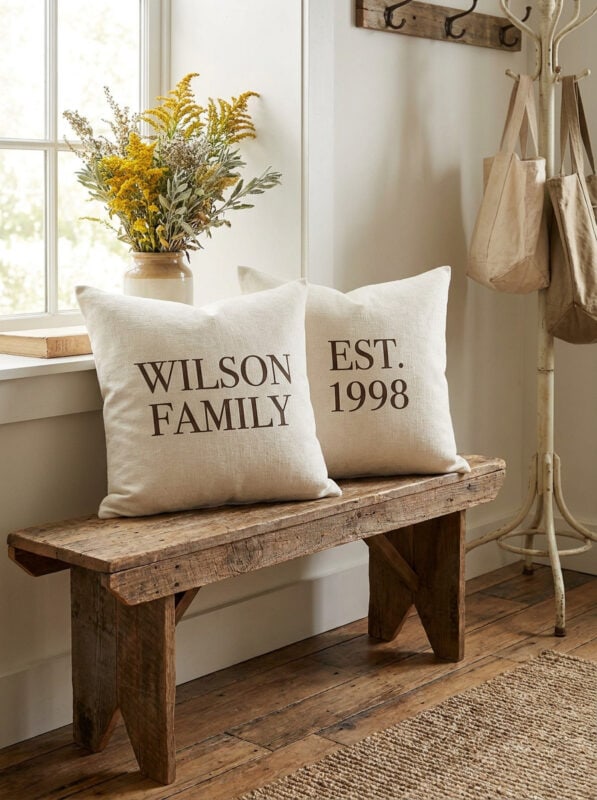 Two custom poly linen throw pillows on a rustic wooden entryway bench displaying "Anderson Est. 1912" in dark serif typography, with dried prairie wildflowers and cowboy boots in the background
