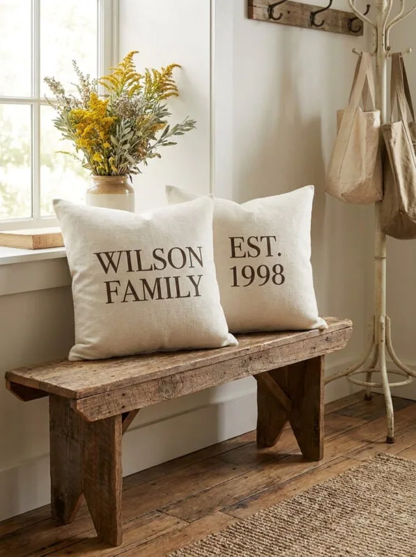 Two custom poly linen throw pillows on a rustic wooden entryway bench displaying "Anderson Est. 1912" in dark serif typography, with dried prairie wildflowers and cowboy boots in the background