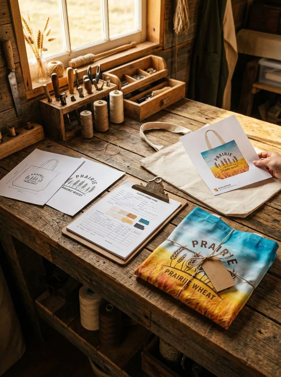 Custom tote bag order process at Grey Barn Handwerk workshop — sketch, colour swatch order form, digital mockup proof, blank bag, and finished Prairie Wheat sublimation-printed tote folded and tagged on a rustic workbench