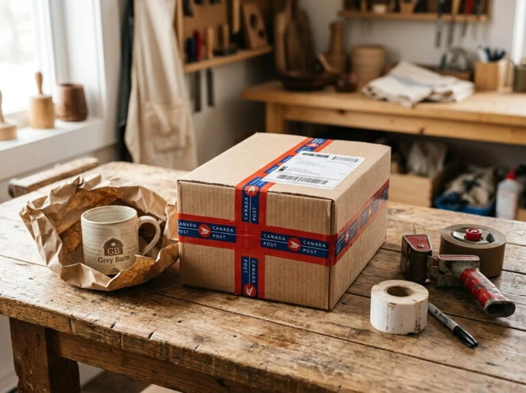Grey Barn Handwerk shipping — sealed Canada Post box ready to ship from St. Gregor workshop