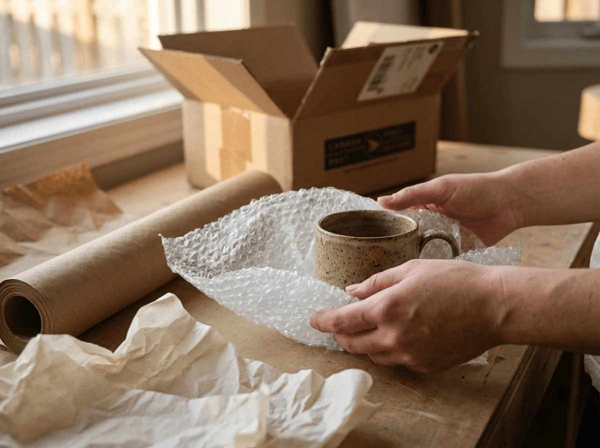 Grey Barn Handwerk shipping — wrapping a custom mug in bubble wrap for safe shipping