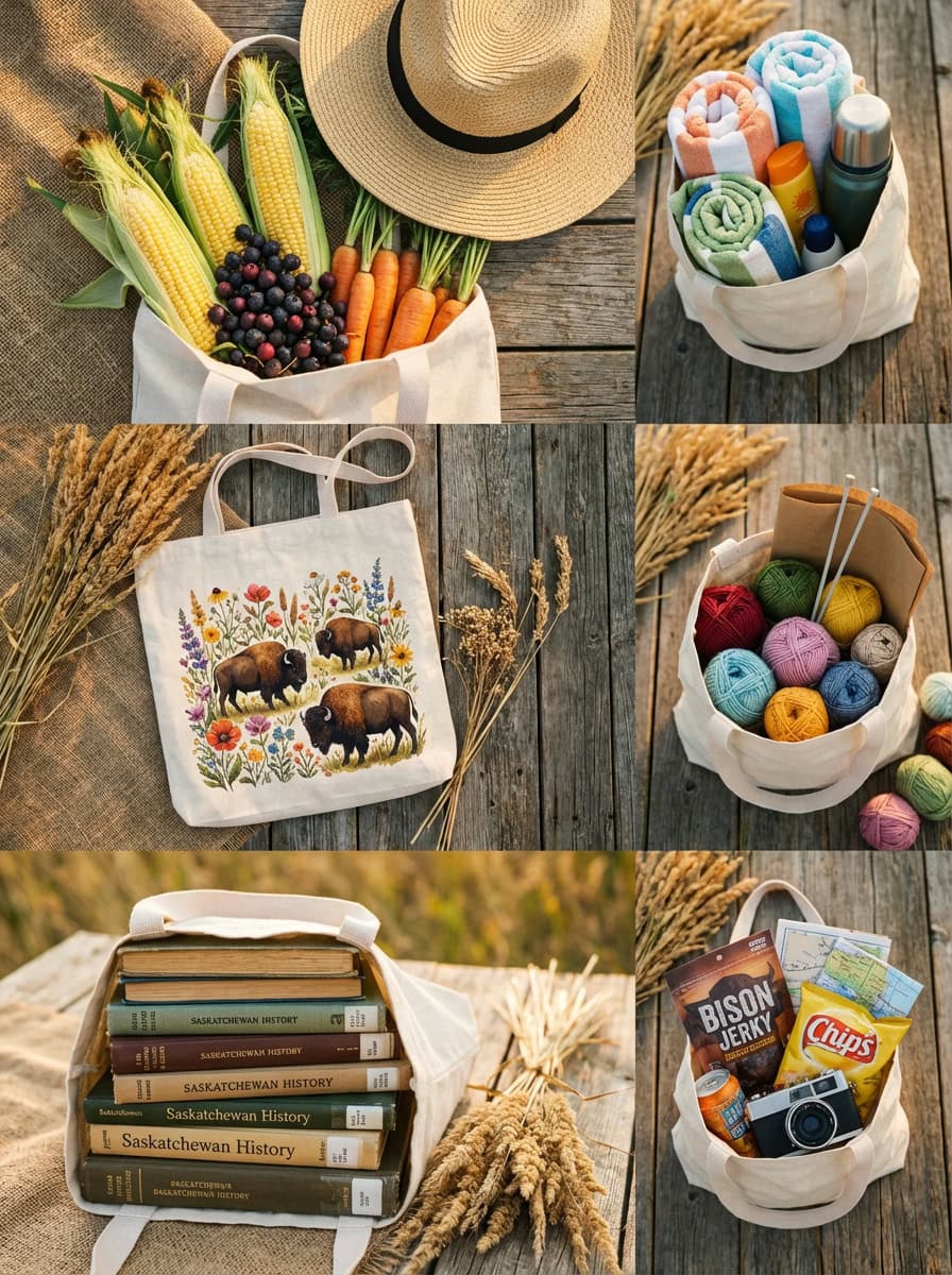 Six-panel collage showing Grey Barn Handwerk poly linen sublimation tote bags in use — loaded with farmers market produce, beach towels, yarn, Saskatchewan History books, road trip snacks, and featuring a bison and wildflower sublimation design on a rustic wood surface.