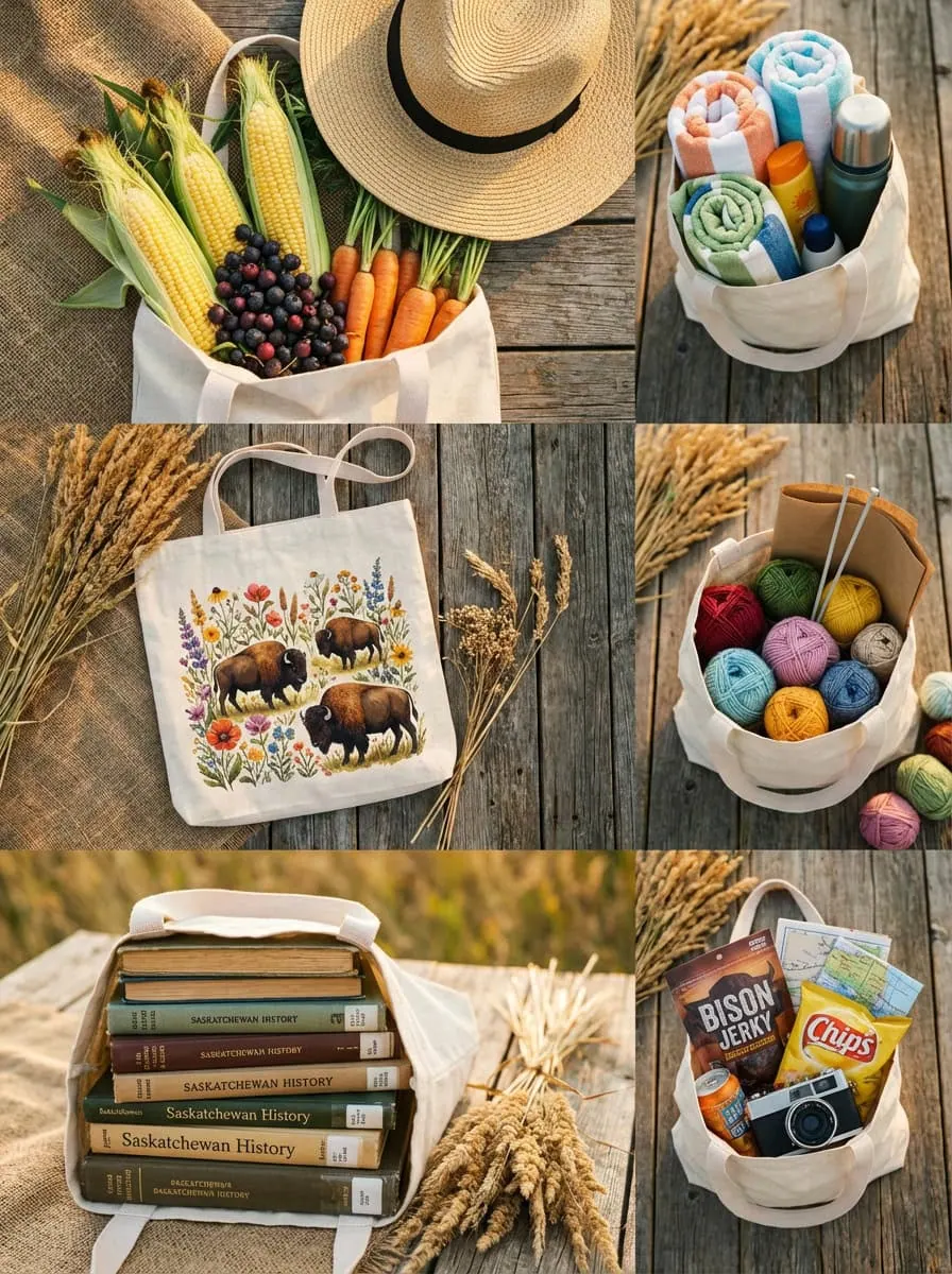 Six-panel collage showing Grey Barn Handwerk poly linen sublimation tote bags in use — loaded with farmers market produce, beach towels, yarn, Saskatchewan History books, road trip snacks, and featuring a bison and wildflower sublimation design on a rustic wood surface.