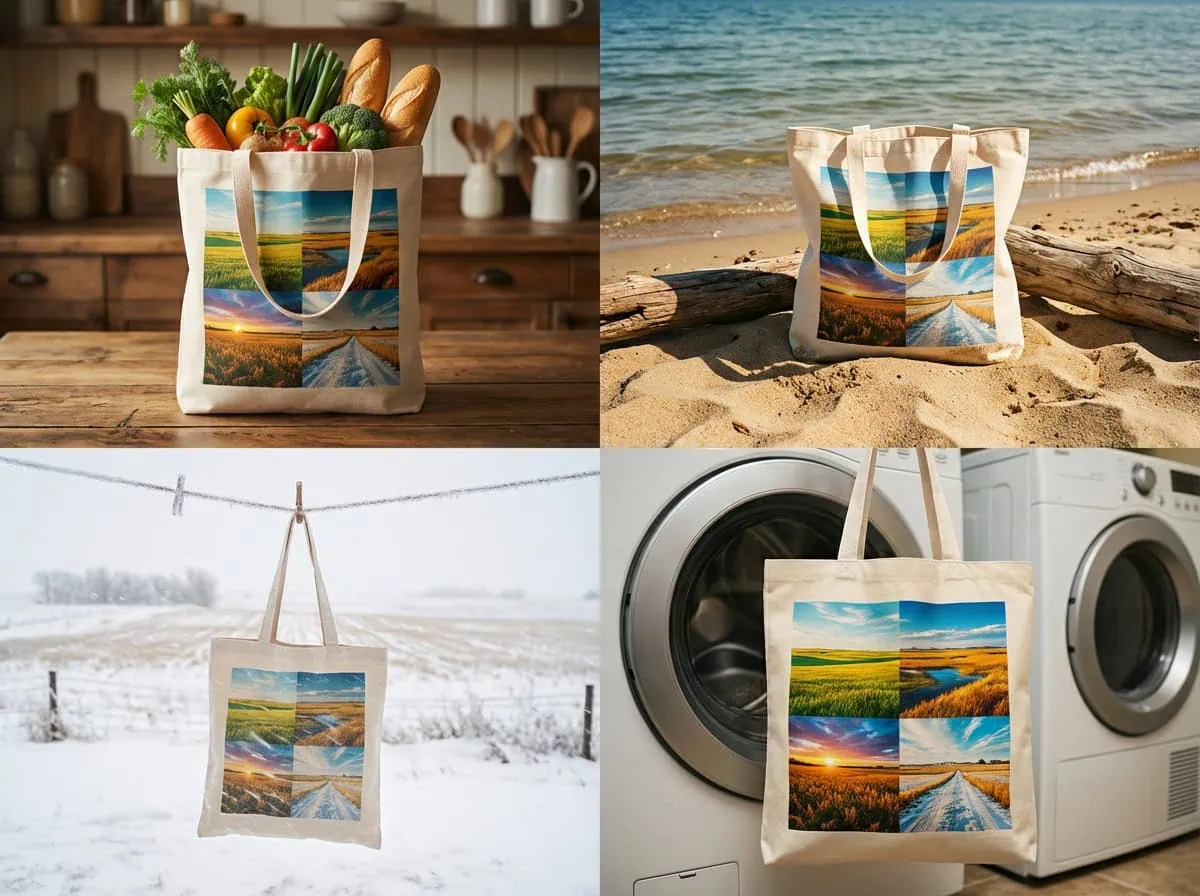 Four-panel collage showing a Grey Barn Handwerk prairie landscape sublimation tote bag in use — loaded with groceries in a farmhouse kitchen, standing on a sandy beach, hanging on a clothesline in a Saskatchewan winter, and leaning against a washing machine