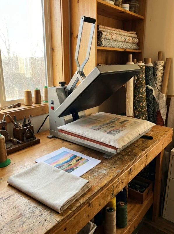 Heat press machine open on a weathered wooden workbench in the Grey Barn Handwerk workshop, with a sublimation transfer print and poly linen pillow cover ready for pressing, natural window light and workshop shelving in the background