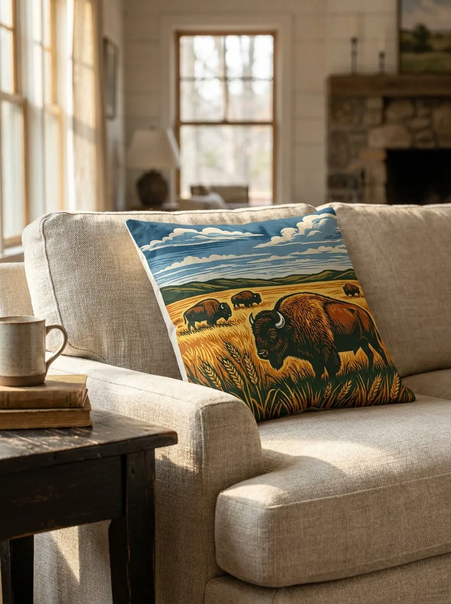 Custom sublimation-printed poly linen throw pillow on a neutral linen armchair featuring a bold linocut-style Saskatchewan prairie bison design with dramatic cloudy sky and golden wheat fields