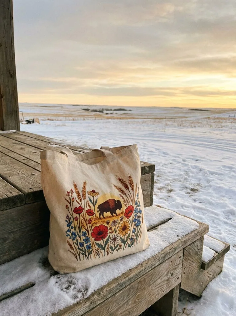 Grey Barn Handwerk sublimation tote bag with bison and wildflower prairie design sitting on a snow-covered wooden bench with a Saskatchewan winter sunset and open prairie landscape in the background