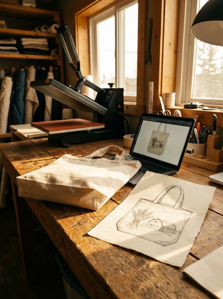 The custom tote bag design process at Grey Barn Handwerk, from sketch to finished sublimation print.