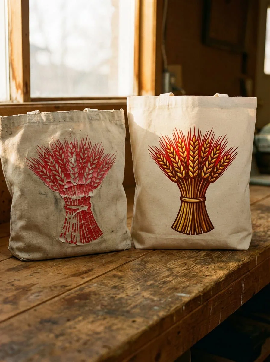 Side-by-side comparison of two wheat sheaf tote bags on a workshop workbench — left bag shows a cracked, faded screen print; right bag shows a vibrant, crisp sublimation print from Grey Barn Handwerk