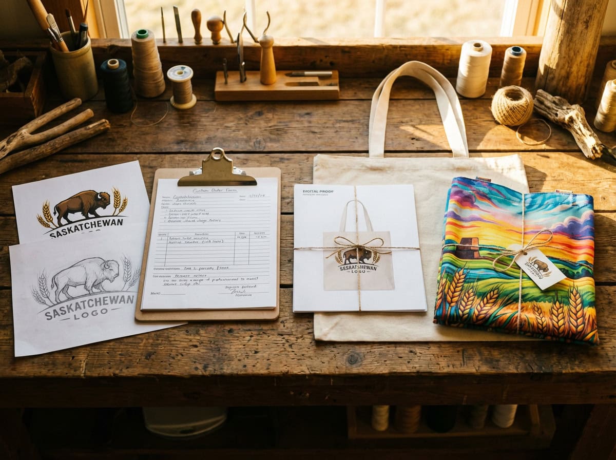 Custom tote bag order laid out on a workshop workbench — Saskatchewan bison logo design sheet, handwritten custom order form on clipboard, digital proof tied to a blank bag, and finished vibrant prairie landscape sublimation tote folded and tagged