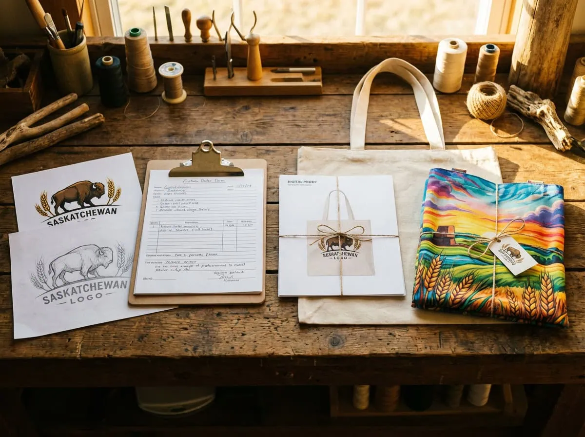 Custom tote bag order laid out on a workshop workbench — Saskatchewan bison logo design sheet, handwritten custom order form on clipboard, digital proof tied to a blank bag, and finished vibrant prairie landscape sublimation tote folded and tagged