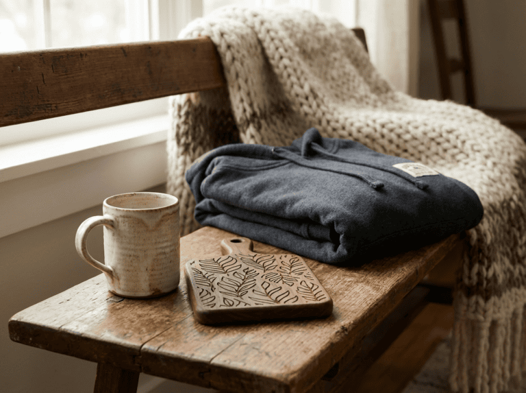 What makes a good custom gift — mug, cutting board, and bunnyhug from Grey Barn Handwerk