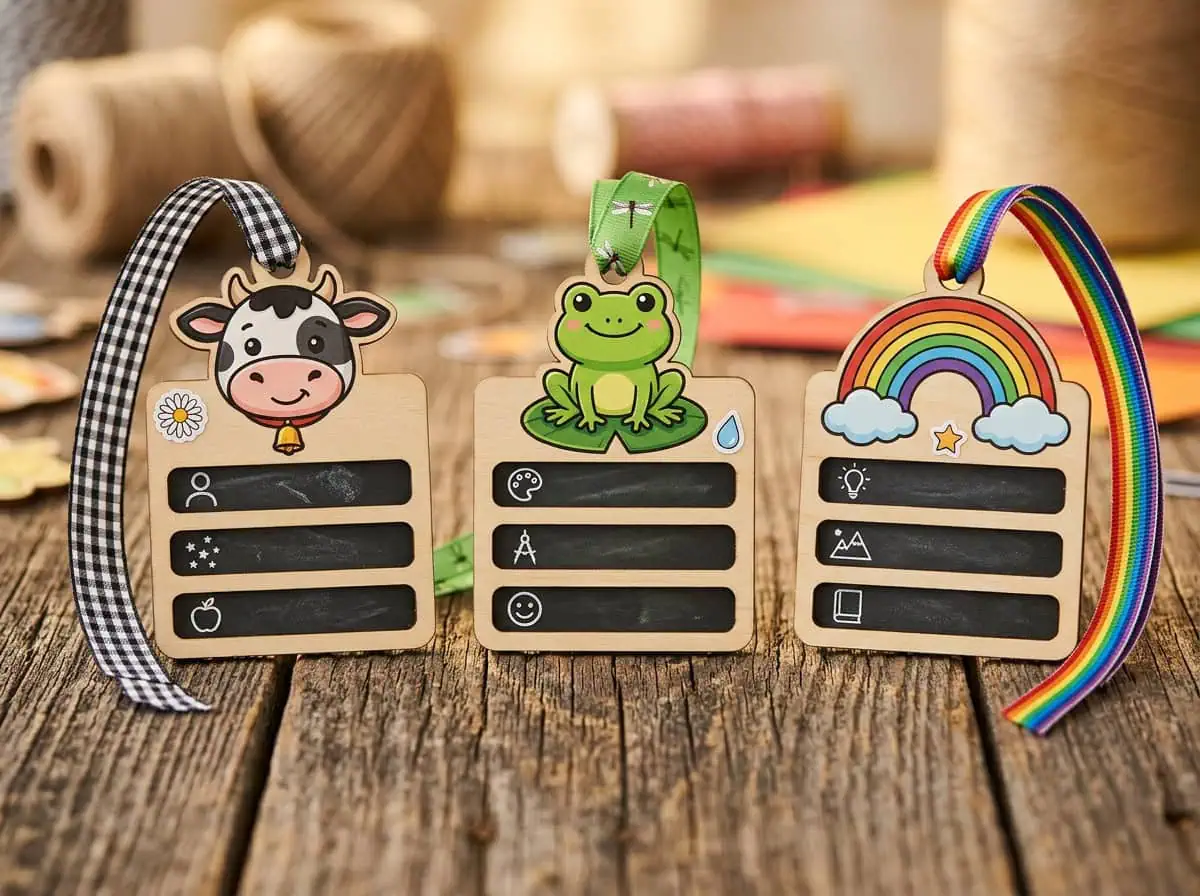 Three completed DIY name badge kits with cow, frog, and rainbow character toppers