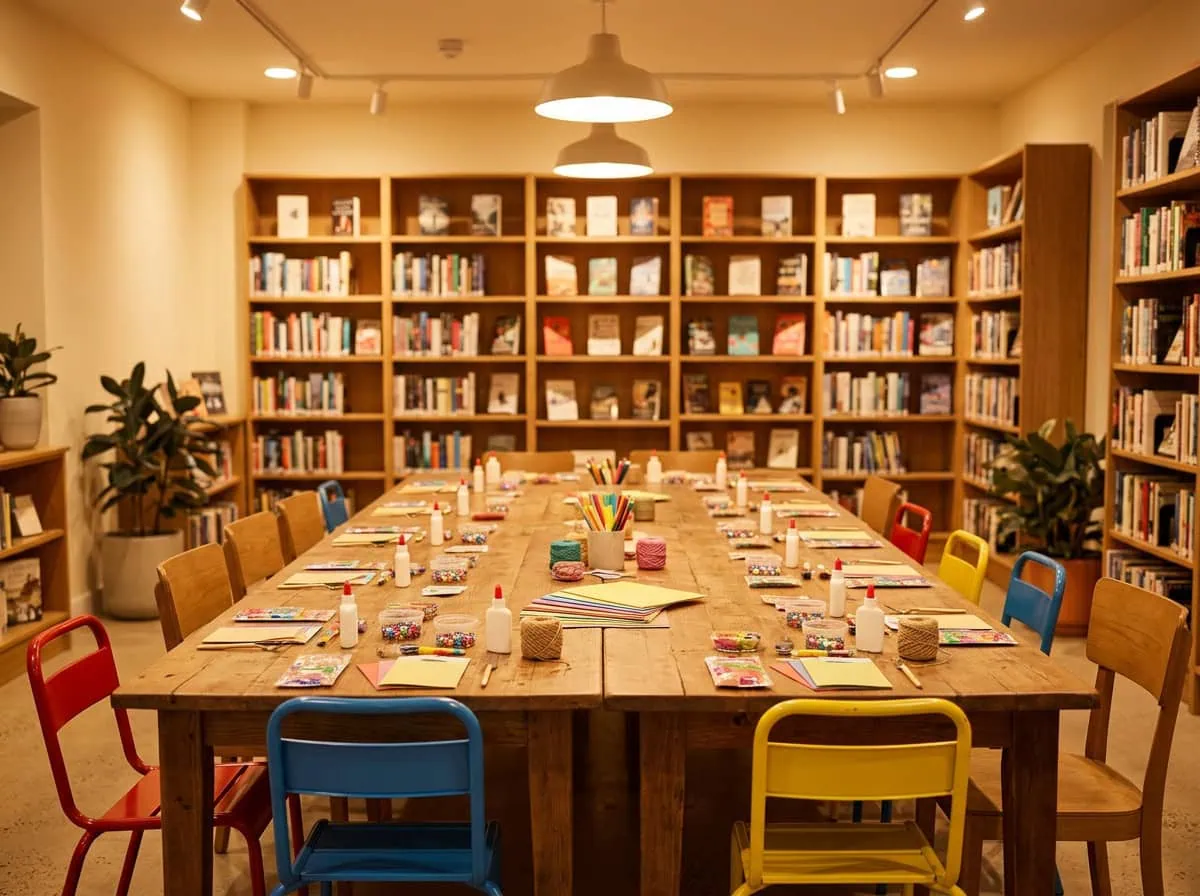 Watson Public Library craft workshop room set up for DIY name badge kits event