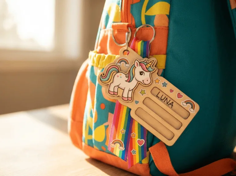 DIY name badge kits — completed badge with character topper clipped to a backpack