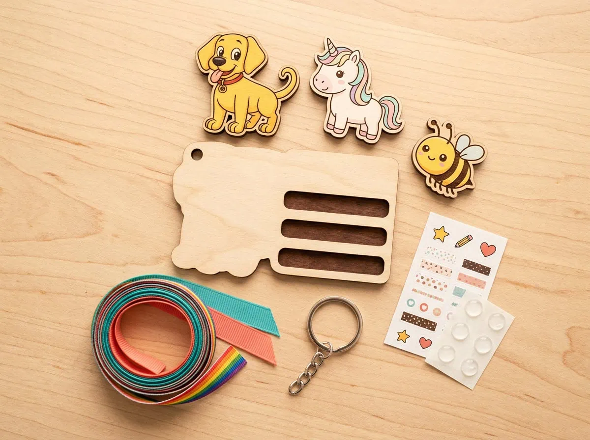 DIY name badge kits components — laser-cut base, character toppers, ribbons, and embellishments