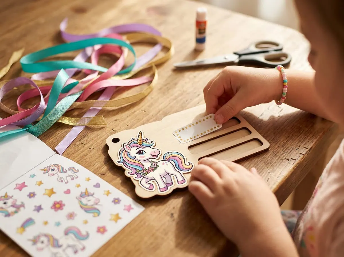Child assembling a DIY name badge kit at a Grey Barn Handwerk crafting workshop