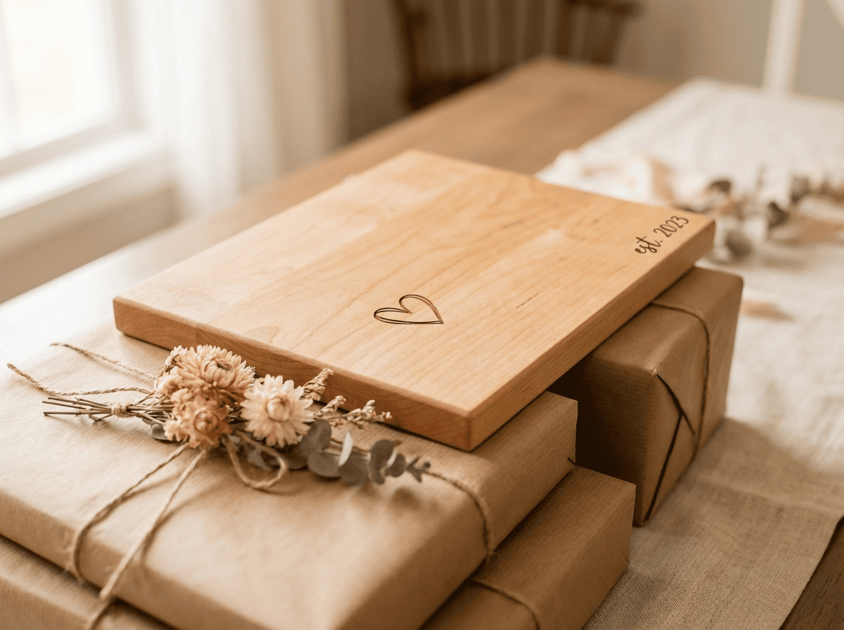 Saskatchewan wedding gifts — laser-engraved cutting board wrapped for gifting from Grey Barn Handwerk