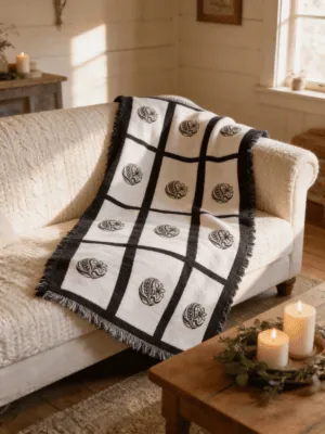 Nine panel sublimation blanket with black grid border and botanical medallion print draped over a cream sofa in a warm farmhouse living room with candles and greenery