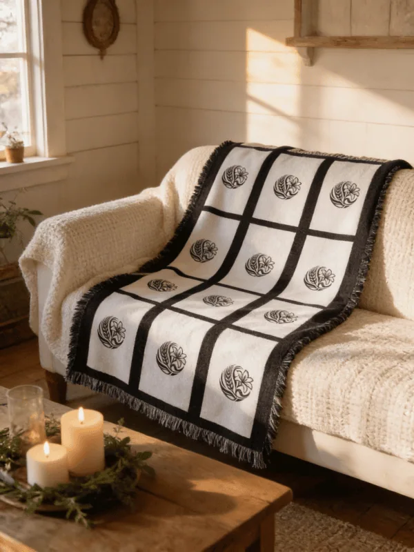 Nine panel sublimation blanket with black grid border and botanical medallion print draped over a cream sofa in a warm farmhouse living room with candles and greenery