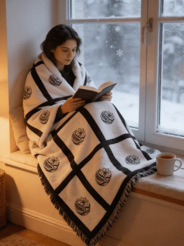 erson wrapped in a nine panel sublimation blanket with black grid border sitting in a cosy window seat reading with a mug of tea and snow falling outside