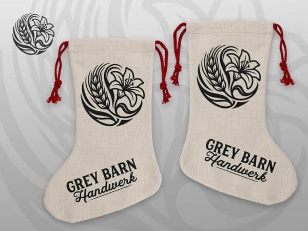 Christmas Stocking Handmade poly-linen Christmas stocking with Grey Barn Handwerk logo and red rope hanger
