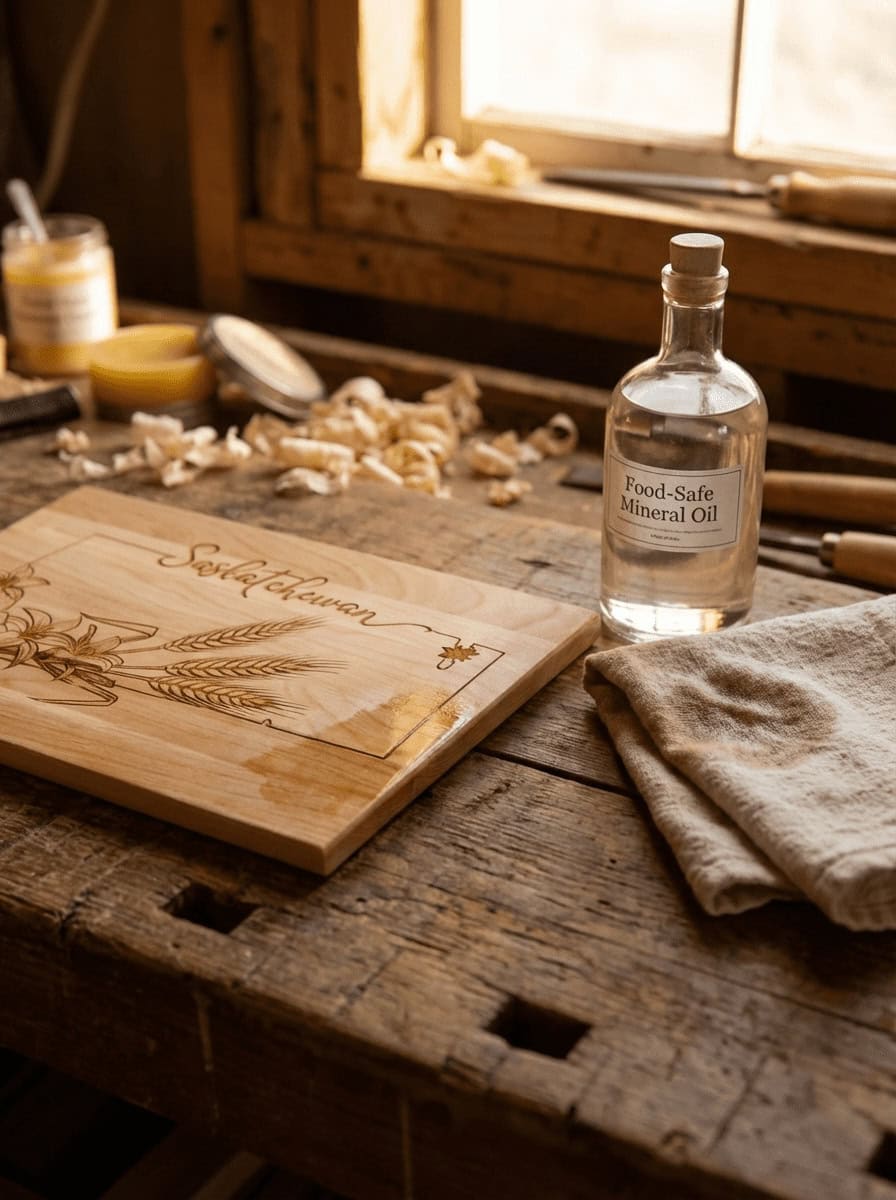 Food-safe mineral oil and supplies for maintaining Canadian maple cutting board proper wood care