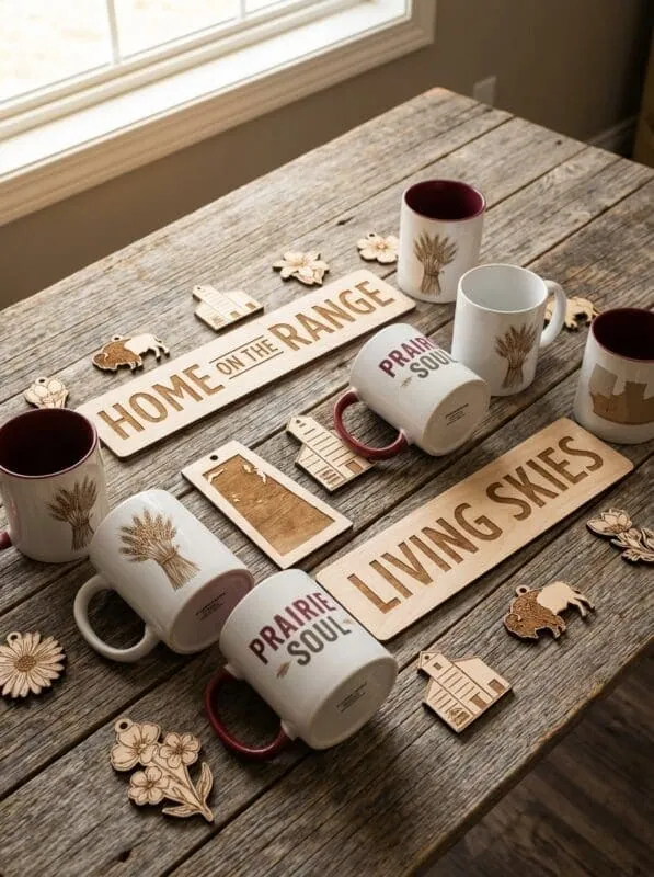 Finished laser cut designs Saskatchewan custom mugs signs ornaments handmade Grey Barn products
